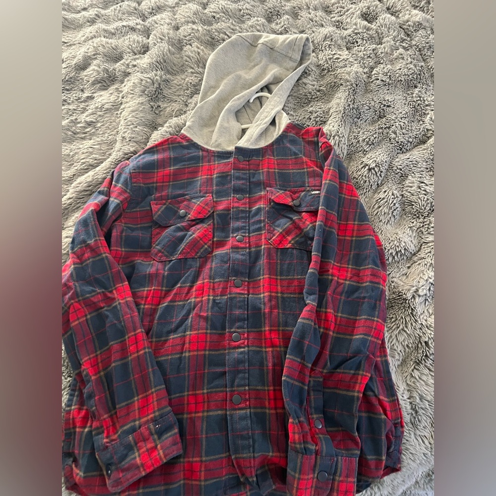 Vans Boys Gray Hooded Red and Blue Flannel Plaid Shirt